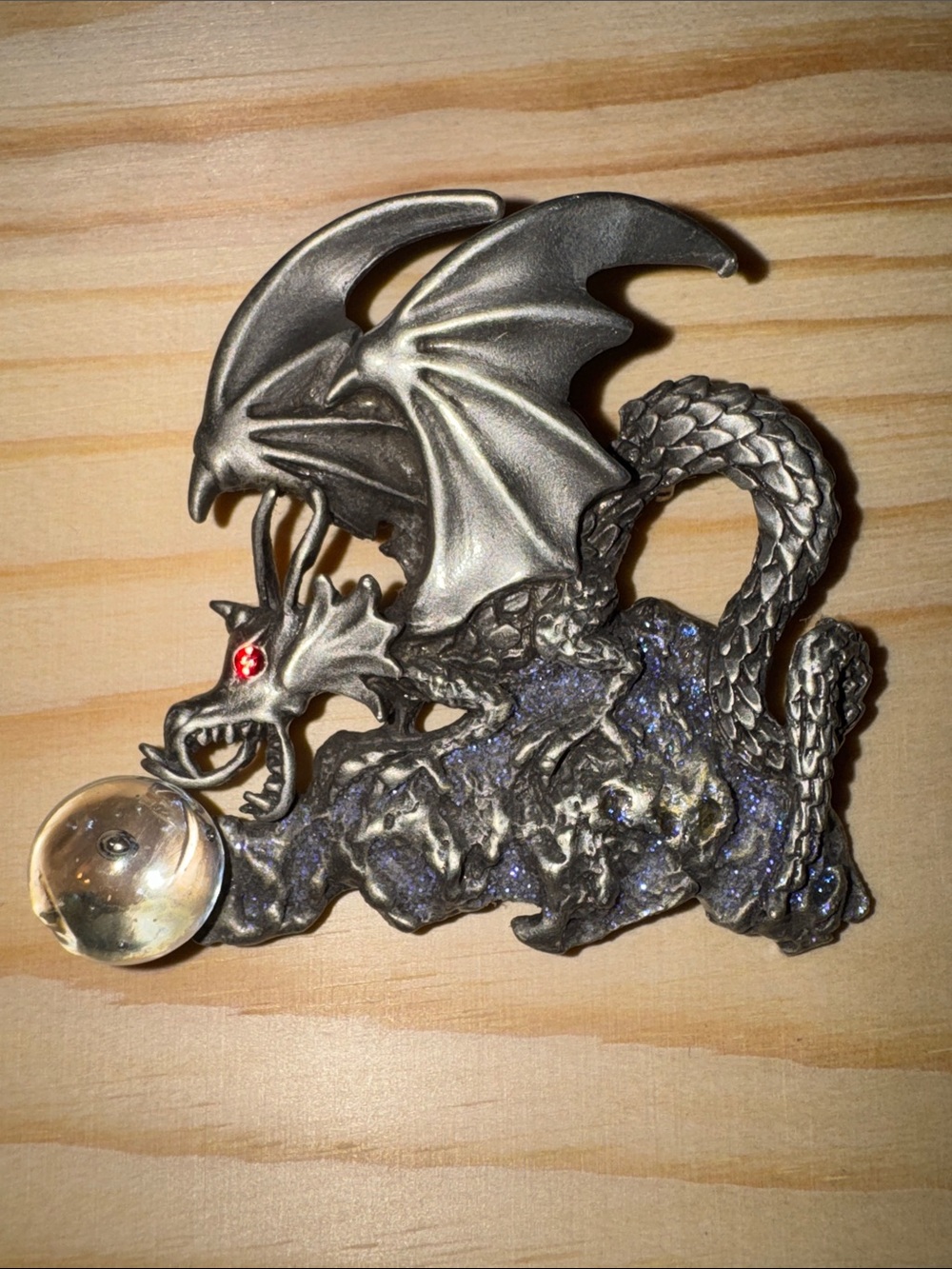 JJ Jonette vintage pewter dragon brooch with a crystal orb.